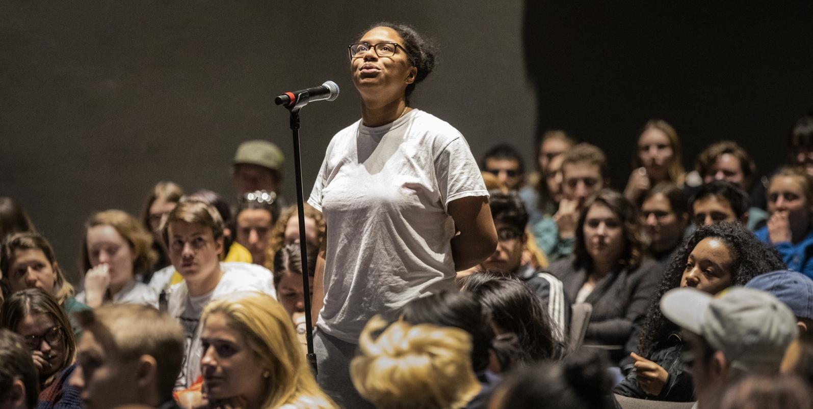 First Mondays Q & A session in Armstrong, Kathryn Mohrman Theater.